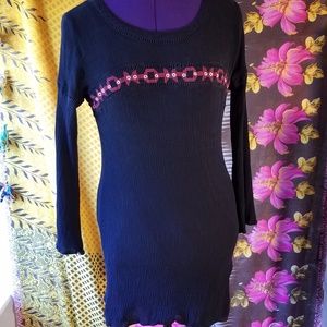 Long-Sleeve Black Mini Dress with Red Tribal Print